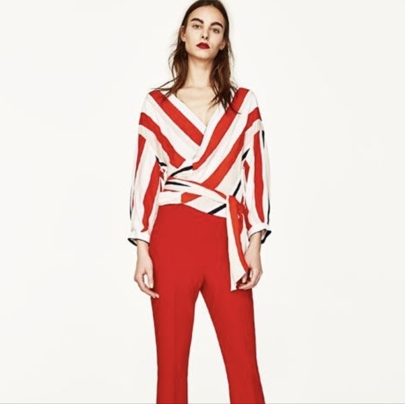 Zara wrap color block red white striped blouse - Picture 1 of 9